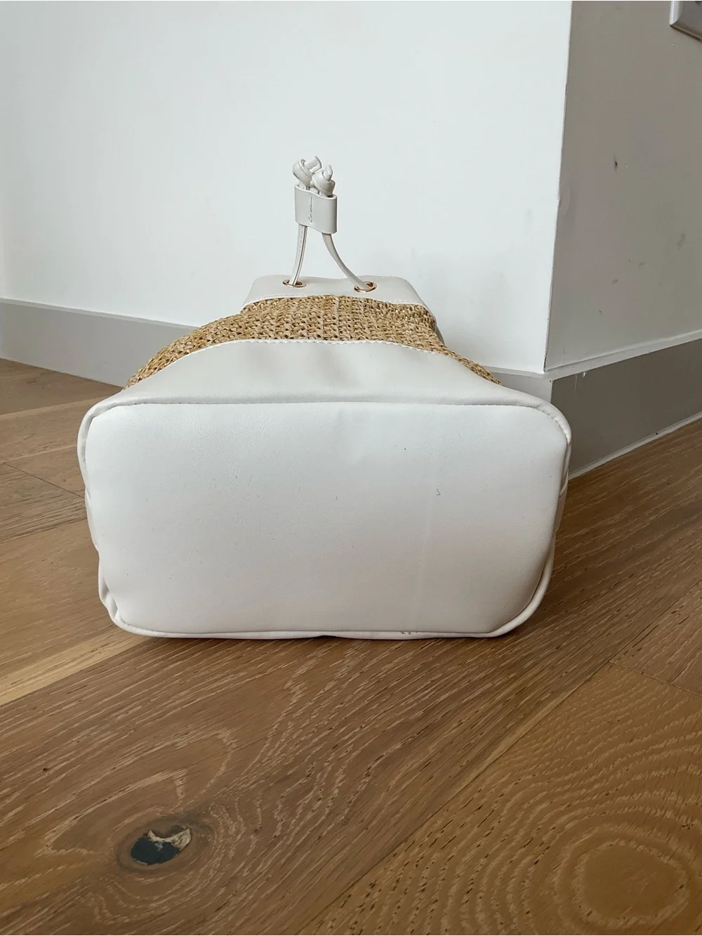 Saks Fifth Avenue White and Natural Woven Drawstring Bucket Bag